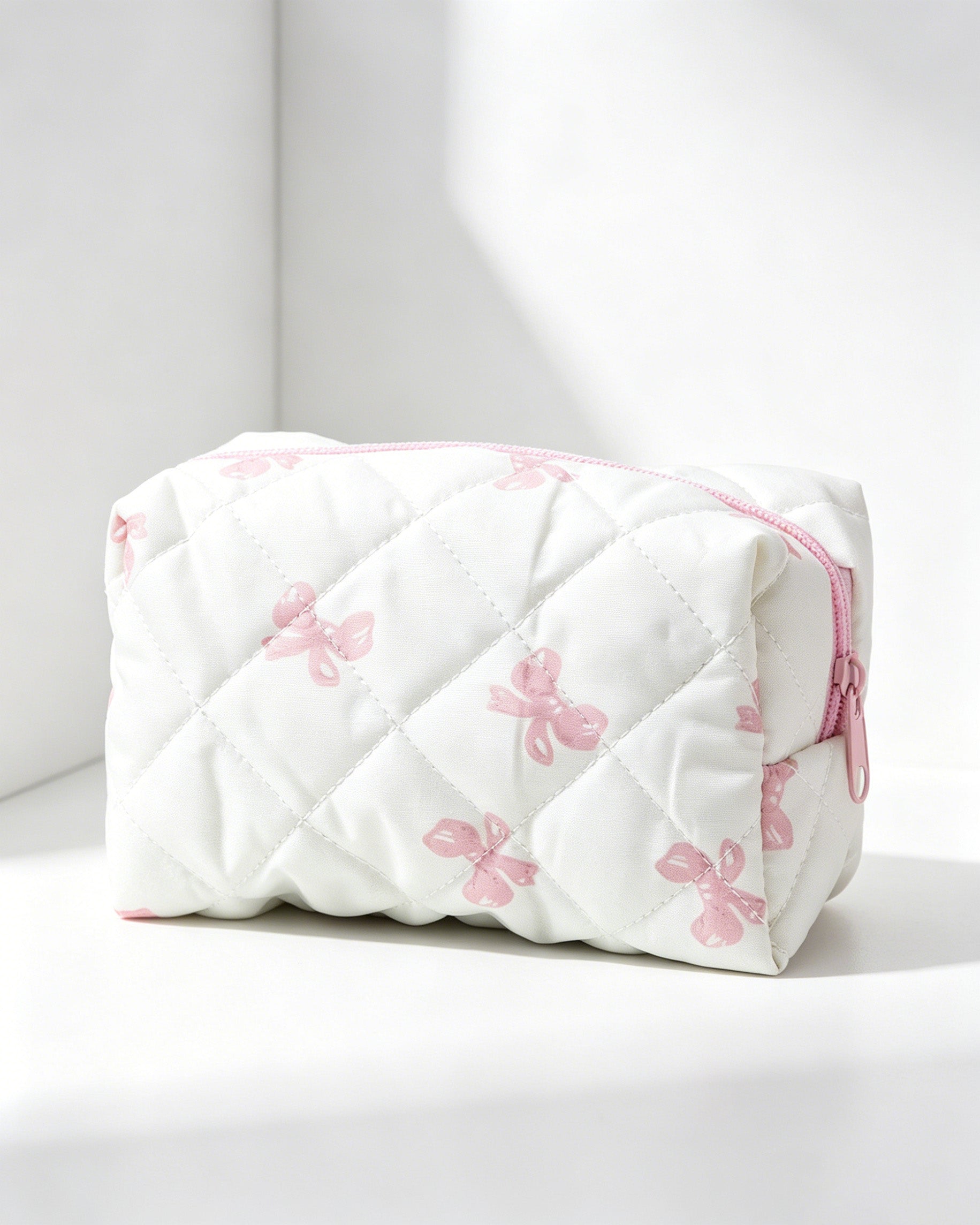 Bulk White Pink Bow Quilted Makeup Bag Daily Gift SP056