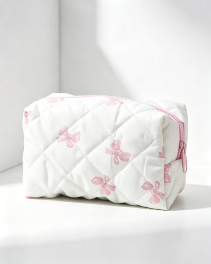 Bulk White Pink Bow Quilted Makeup Bag Daily Gift SP056