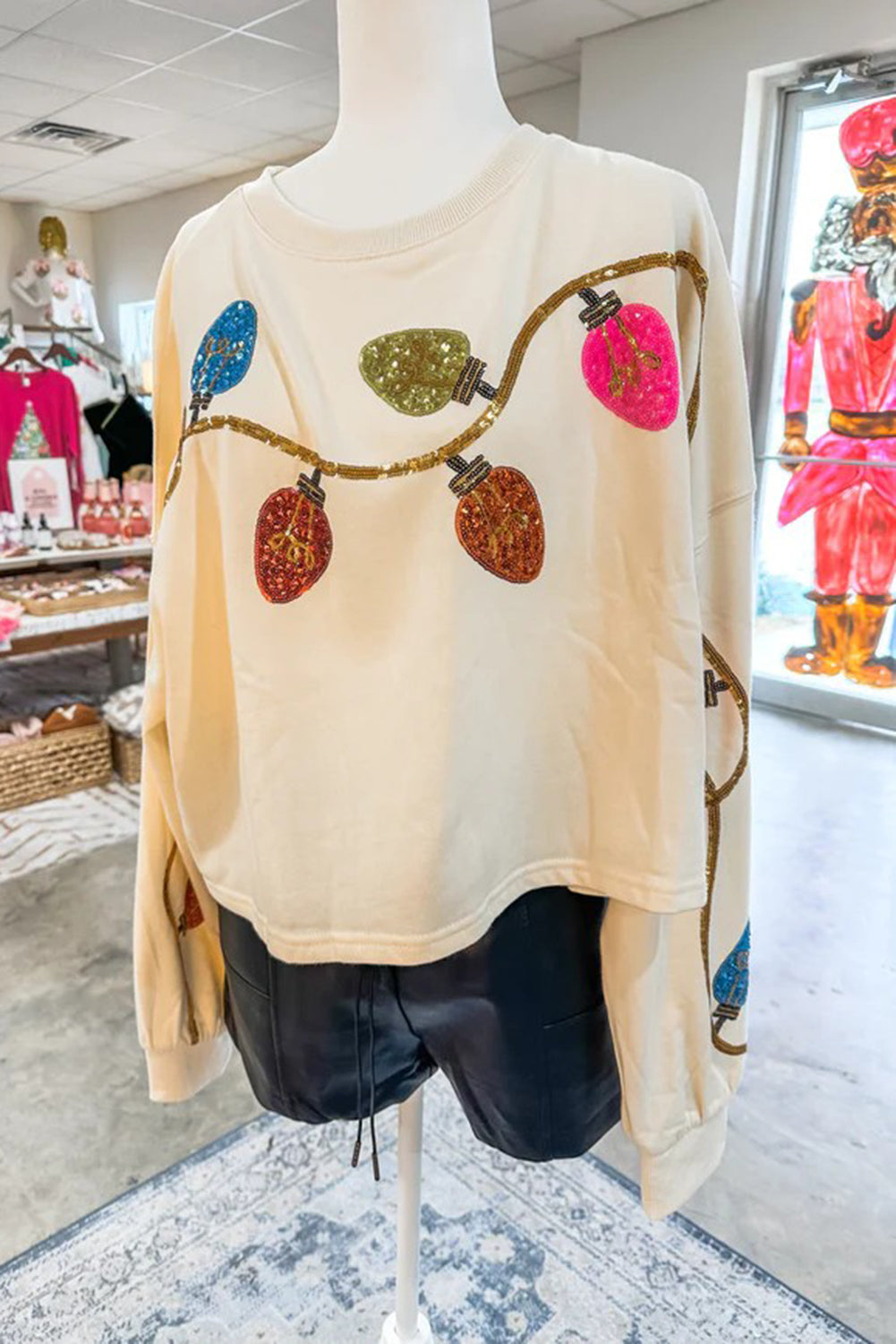 Wholesale Beige Green Holiday Charm Christmas Embroidery Cropped Sweatshirt WL008