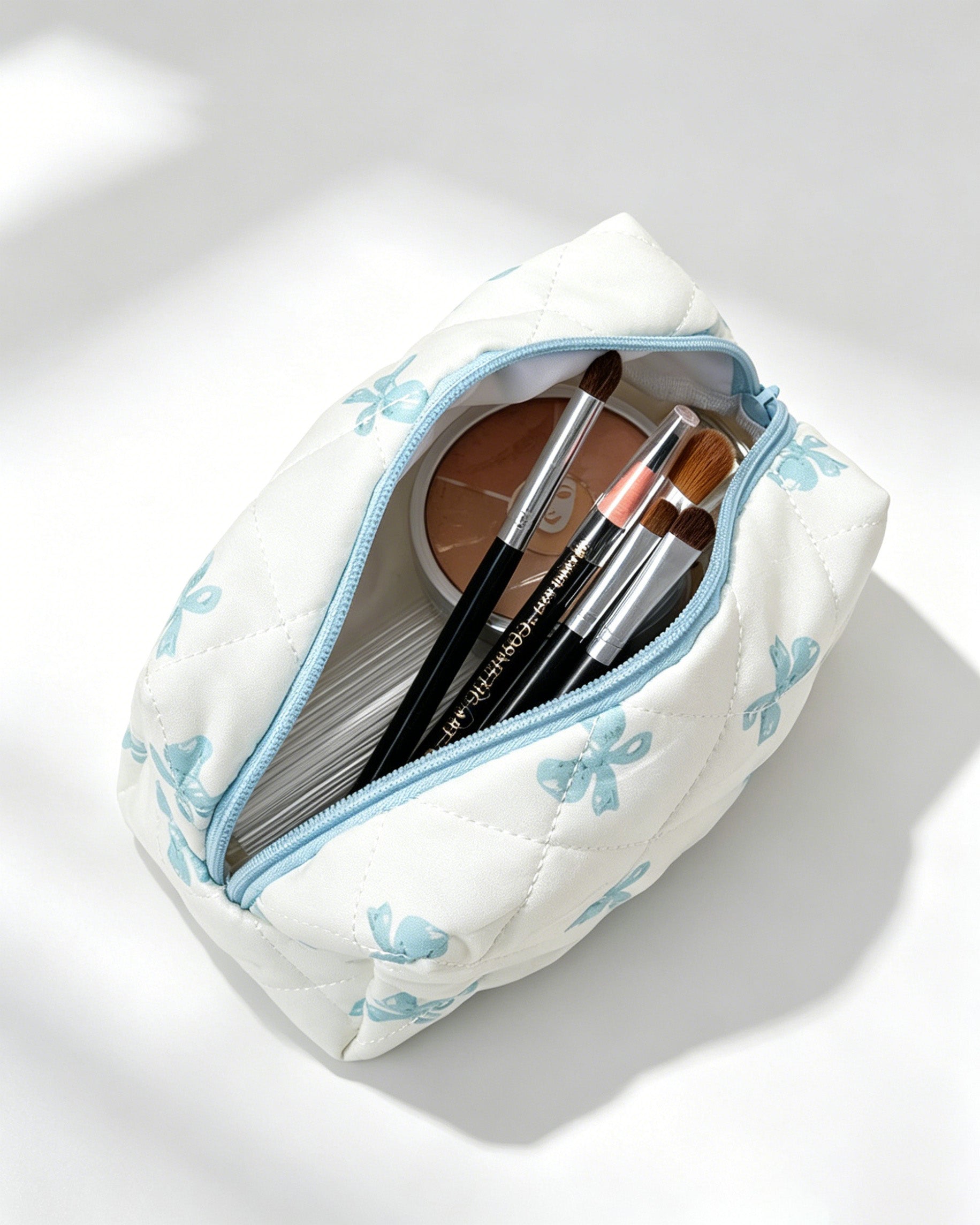 Bulk White Blue Bow Quilted Pouch Travel Preppy Essential SP058