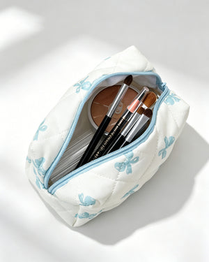 Bulk White Blue Bow Quilted Pouch Travel Preppy Essential SP058