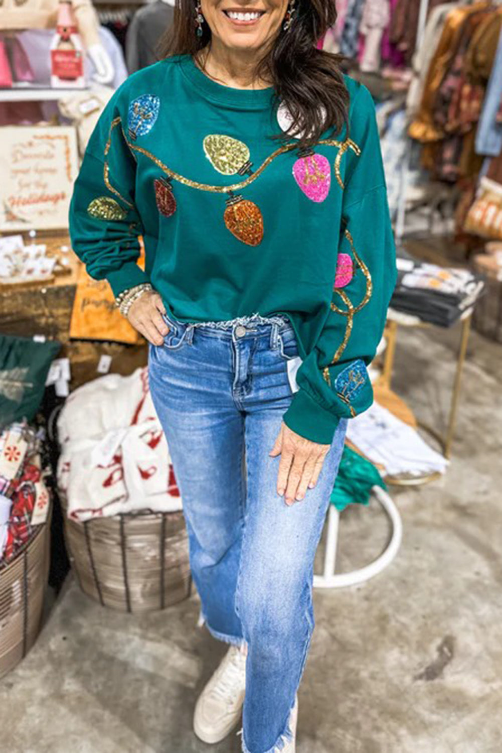 Wholesale Beige Green Holiday Charm Christmas Embroidery Cropped Sweatshirt WL008