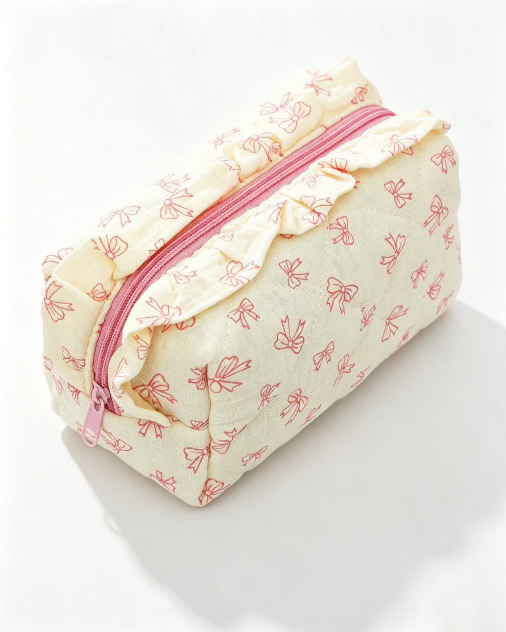 Wholesale Cream Bow Quilted Ruffle Makeup Bag Daily Coquette SP061