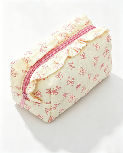Wholesale Cream Bow Quilted Ruffle Makeup Bag Daily Coquette SP061