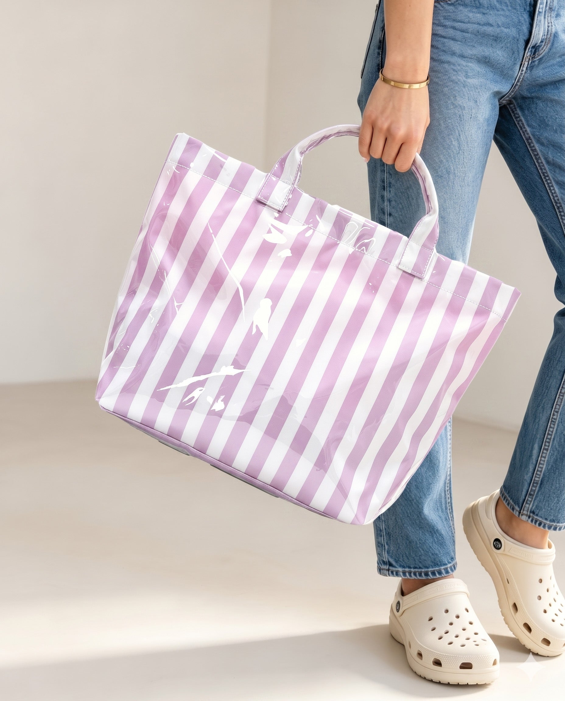 Wholesale Purple Striped PVC Tote Bag Weekend Trendy Pick SP077