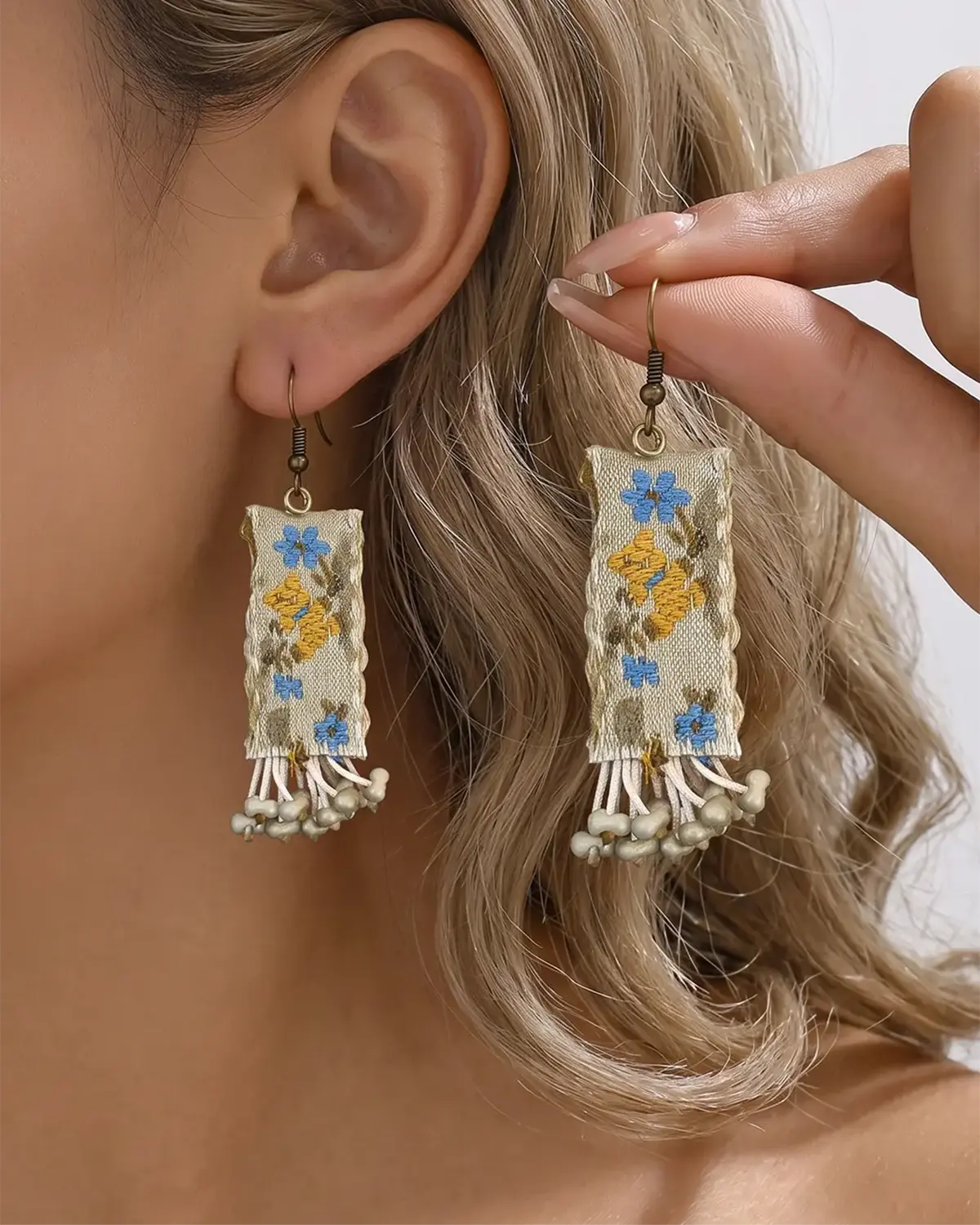 Beige Embroidered Earring Daily Boho Jewelry Gift SP285
