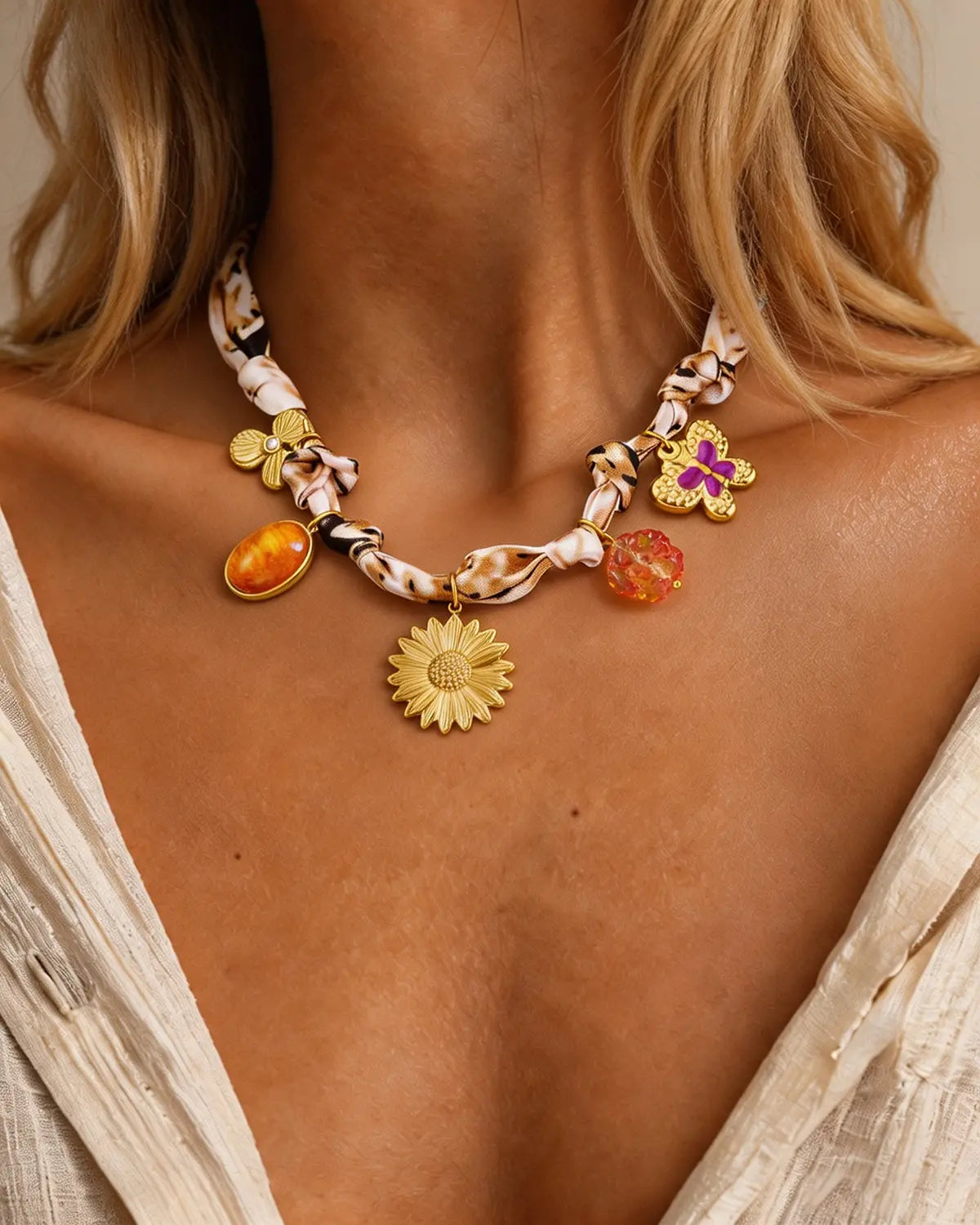Beige Floral Ribbon Necklace Vacation Boho Boutique Gift SP305