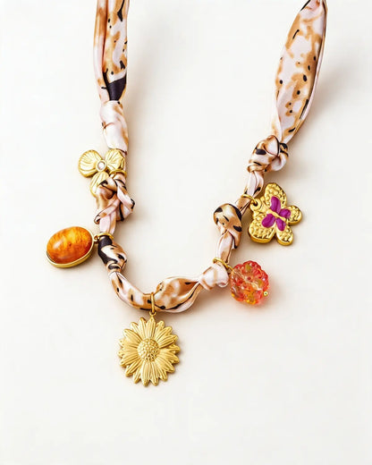 Beige Floral Ribbon Necklace Vacation Boho Boutique Gift SP305
