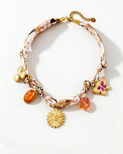 Beige Floral Ribbon Necklace Vacation Boho Boutique Gift SP305