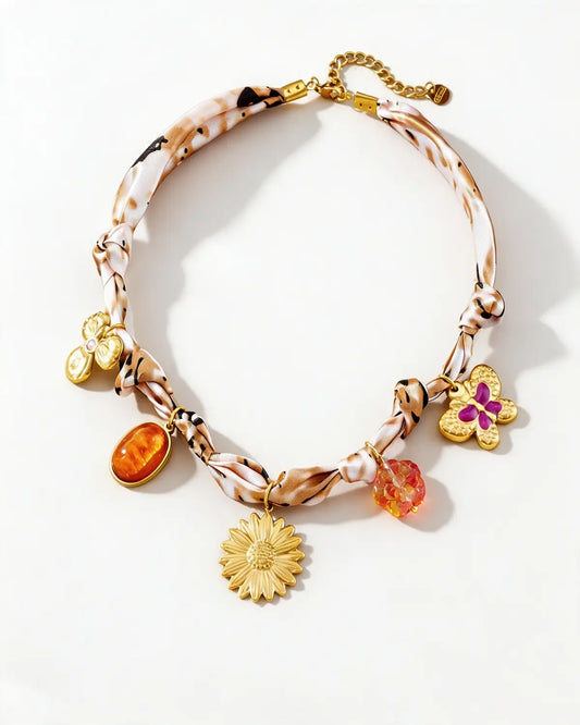 Beige Floral Ribbon Necklace Vacation Boho Boutique Gift SP305