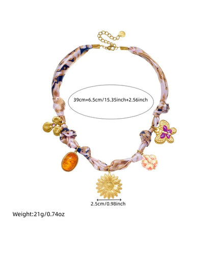 Beige Floral Ribbon Necklace Vacation Boho Boutique Gift SP305
