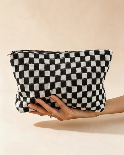 Black Checkered Knit Makeup Bag Daily Trendy Gift SP295