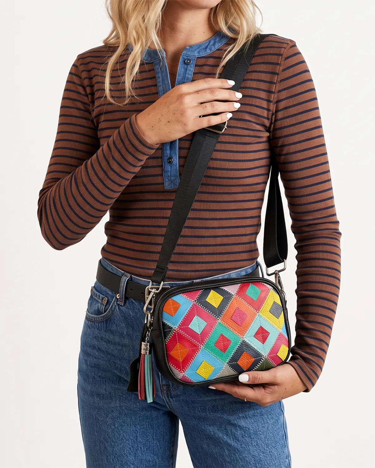 Black Leather Patchwork Crossbody Daily Vintage Bag Gift SP290