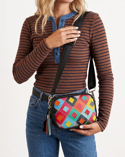 Black Leather Patchwork Crossbody Daily Vintage Bag Gift SP290