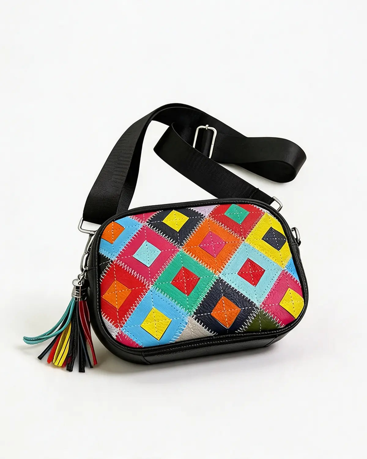 Black Leather Patchwork Crossbody Daily Vintage Bag Gift SP290