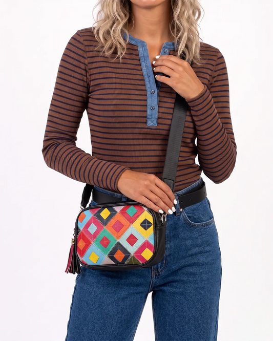Black Leather Patchwork Crossbody Daily Vintage Bag Gift SP290