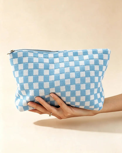 Blue Checkered Knit Makeup Pouch Vacation Organizer Gift SP296