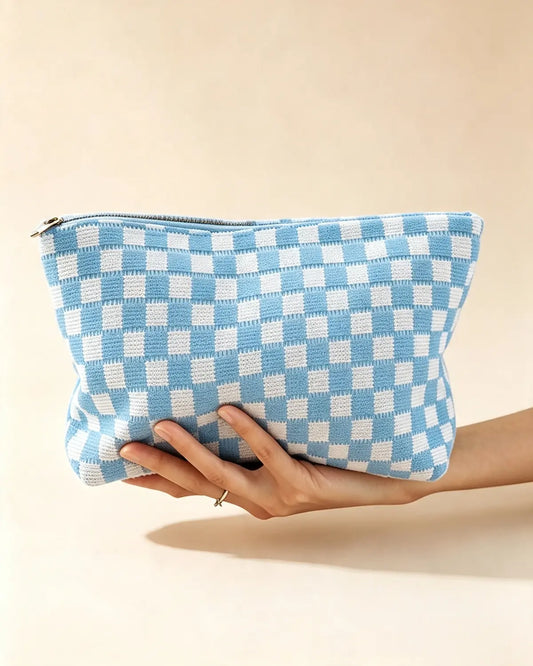 Blue Checkered Knit Makeup Pouch Vacation Organizer Gift SP296