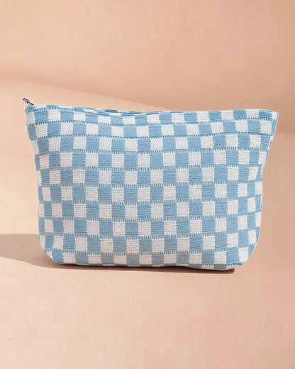 Blue Checkered Knit Makeup Pouch Vacation Organizer Gift SP296