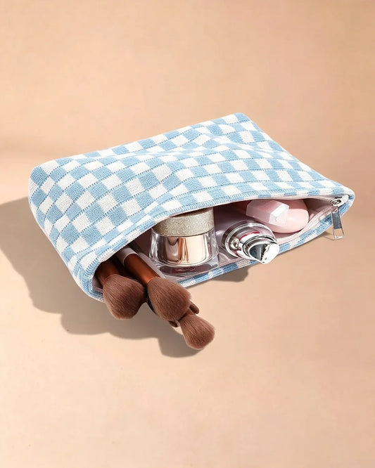 Blue Checkered Knit Makeup Pouch Vacation Organizer Gift SP296
