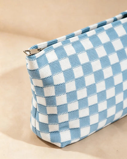 Blue Checkered Knit Makeup Pouch Vacation Organizer Gift SP296