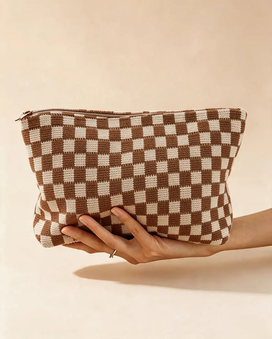 Brown Checkered Knit Cosmetic Bag Daily Vintage Gift SP297
