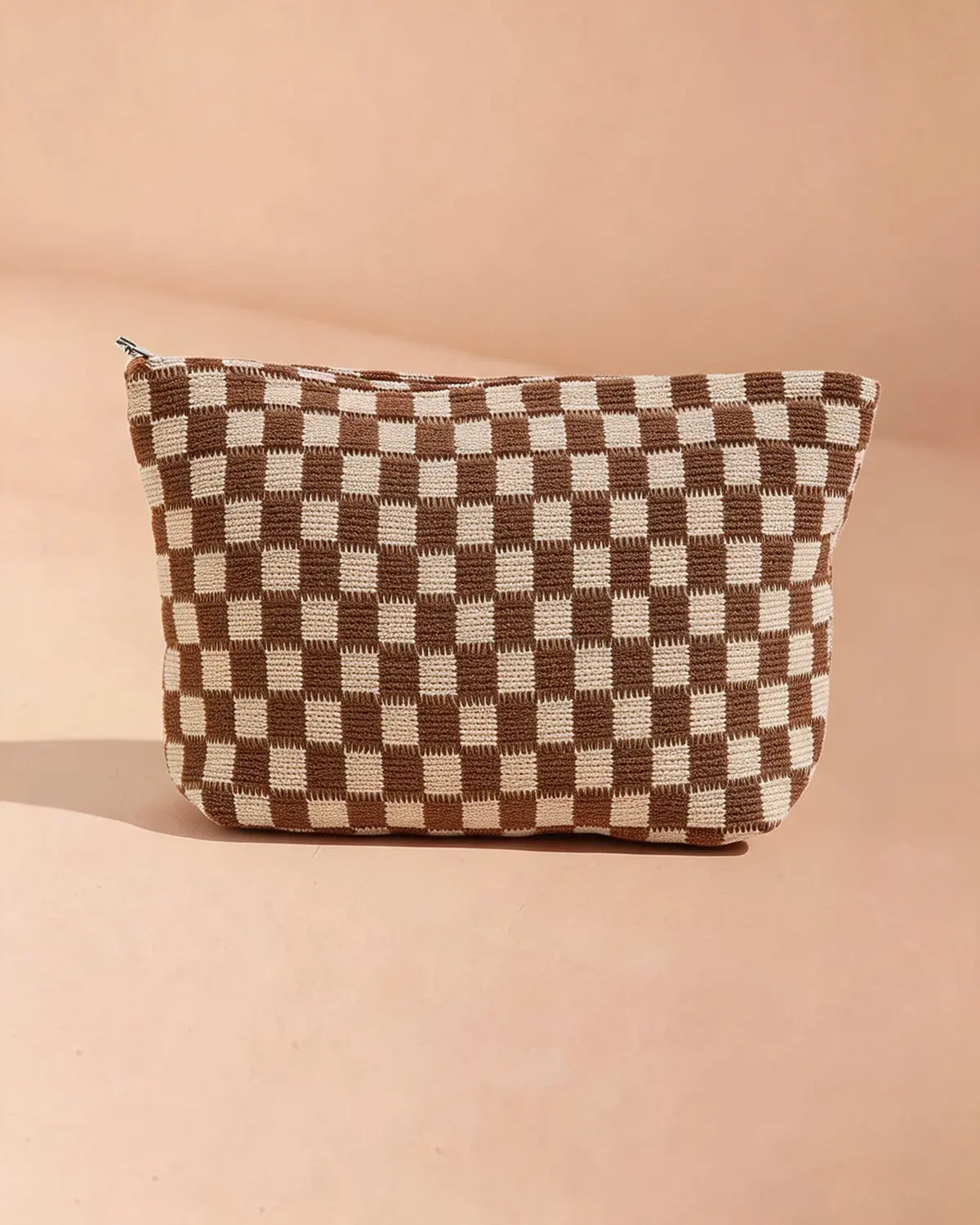 Brown Checkered Knit Cosmetic Bag Daily Vintage Gift SP297