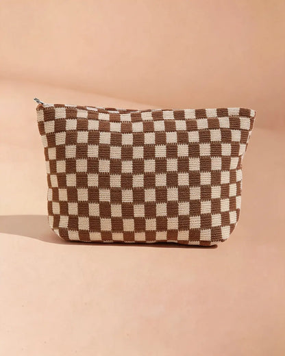 Brown Checkered Knit Cosmetic Bag Daily Vintage Gift SP297