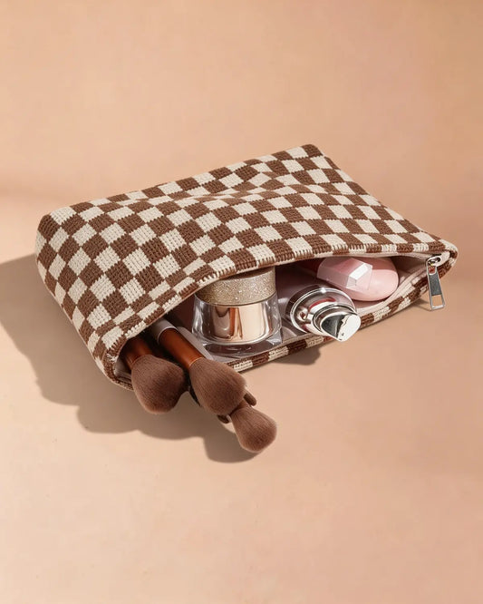Brown Checkered Knit Cosmetic Bag Daily Vintage Gift SP297