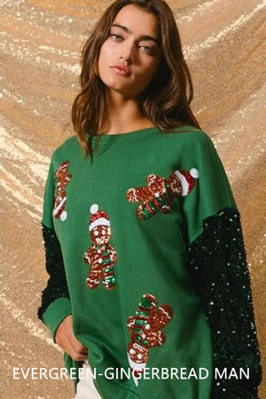 Wholesale Evergreen Christmas  Sequin gingerbread man long sleeve blouse WL015