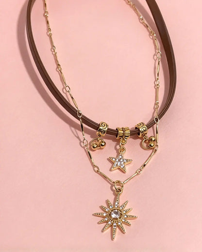 Gold 2 Pcs Leather Star Necklace Daily SJNK347BN