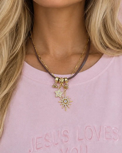 Gold 2 Pcs Leather Star Necklace Daily SJNK347BN