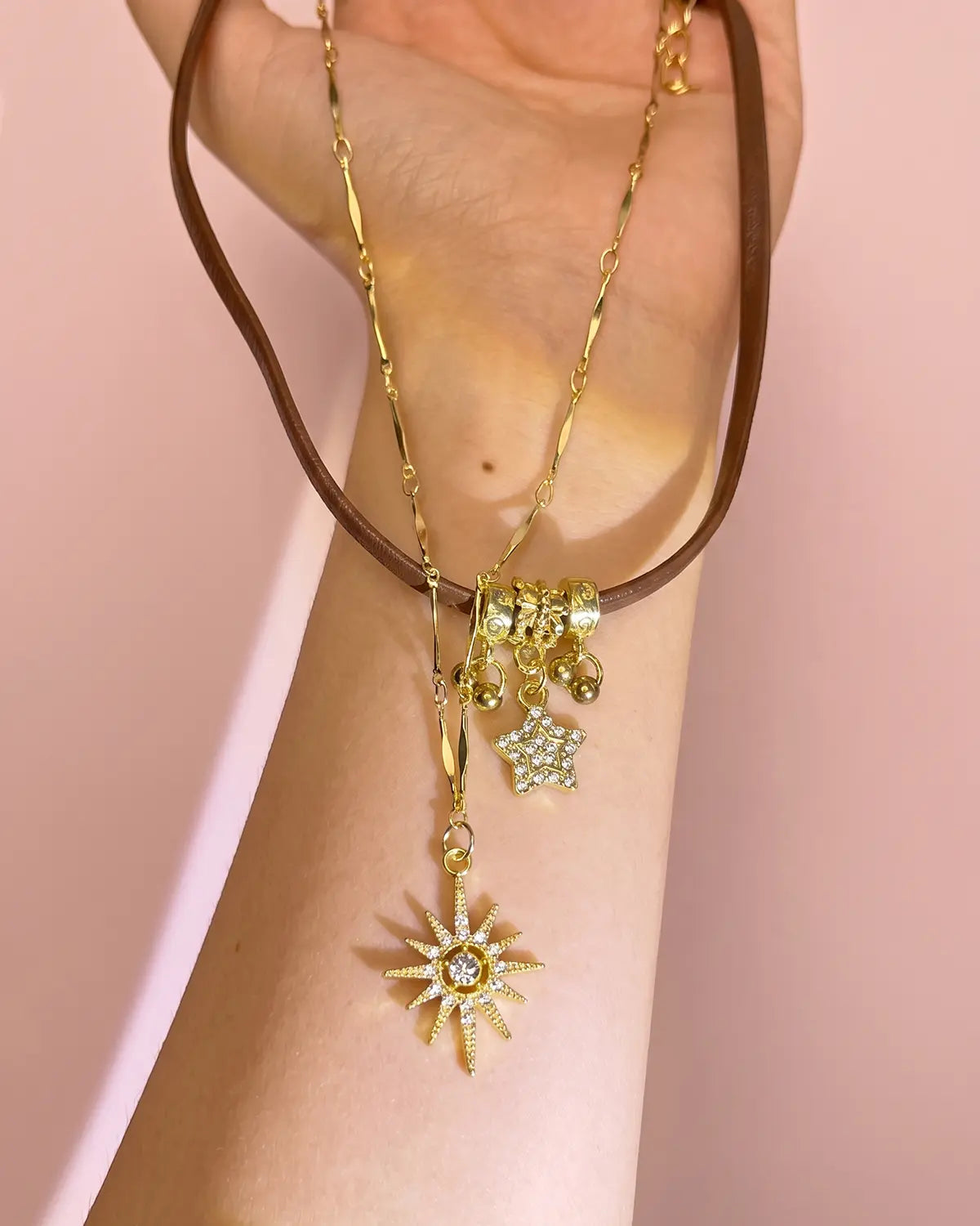 Gold 2 Pcs Leather Star Necklace Daily SJNK347BN
