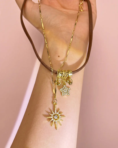 Gold 2 Pcs Leather Star Necklace Daily SJNK347BN