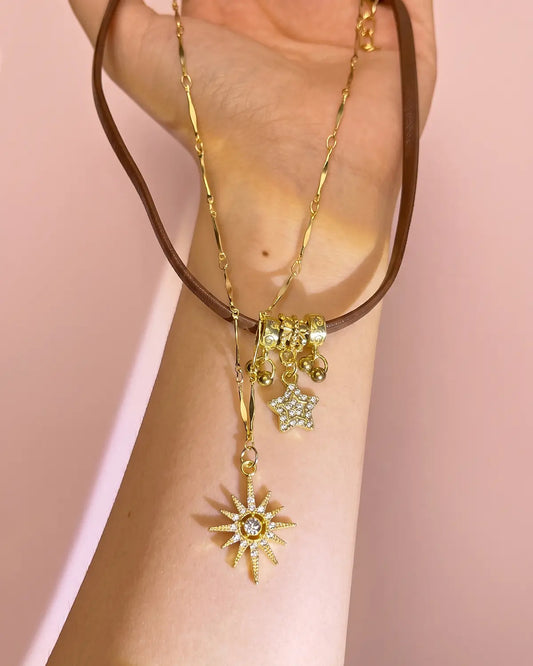 Gold 2 Pcs Leather Star Necklace Daily SJNK347BN