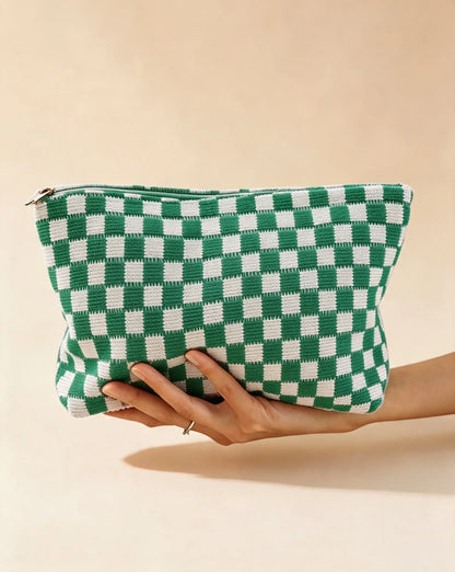 Green Checkered Knit Cosmetic Bag Daily Preppy Gift SP294