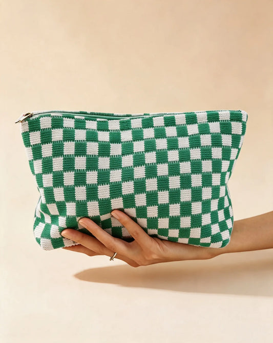Green Checkered Knit Cosmetic Bag Daily Preppy Gift SP294
