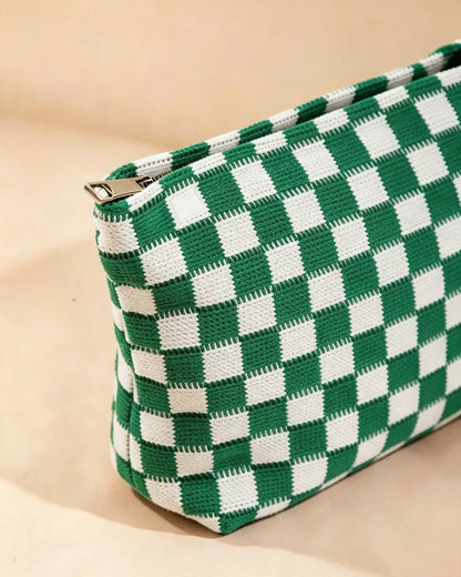Green Checkered Knit Cosmetic Bag Daily Preppy Gift SP294