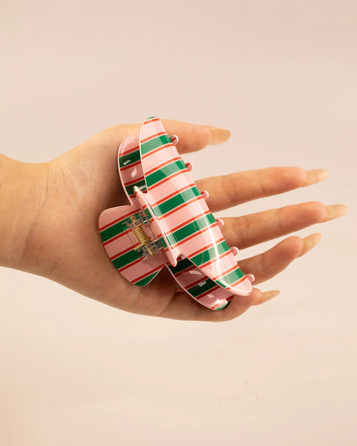 Pink Green Striped Hair Clip Holiday Styling SP217