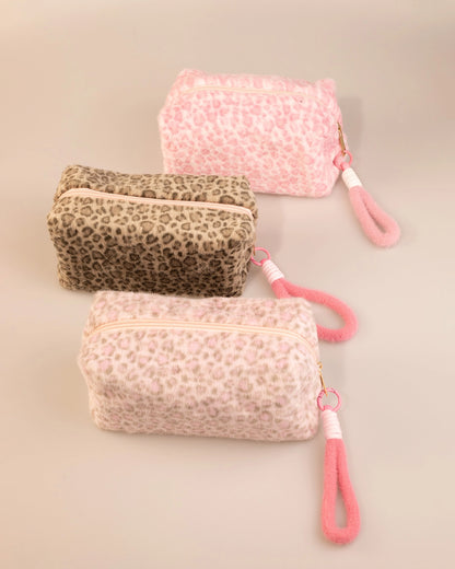 Wholesale Brown Plush Leopard Cosmetic Bag Daily Wristlet SP258