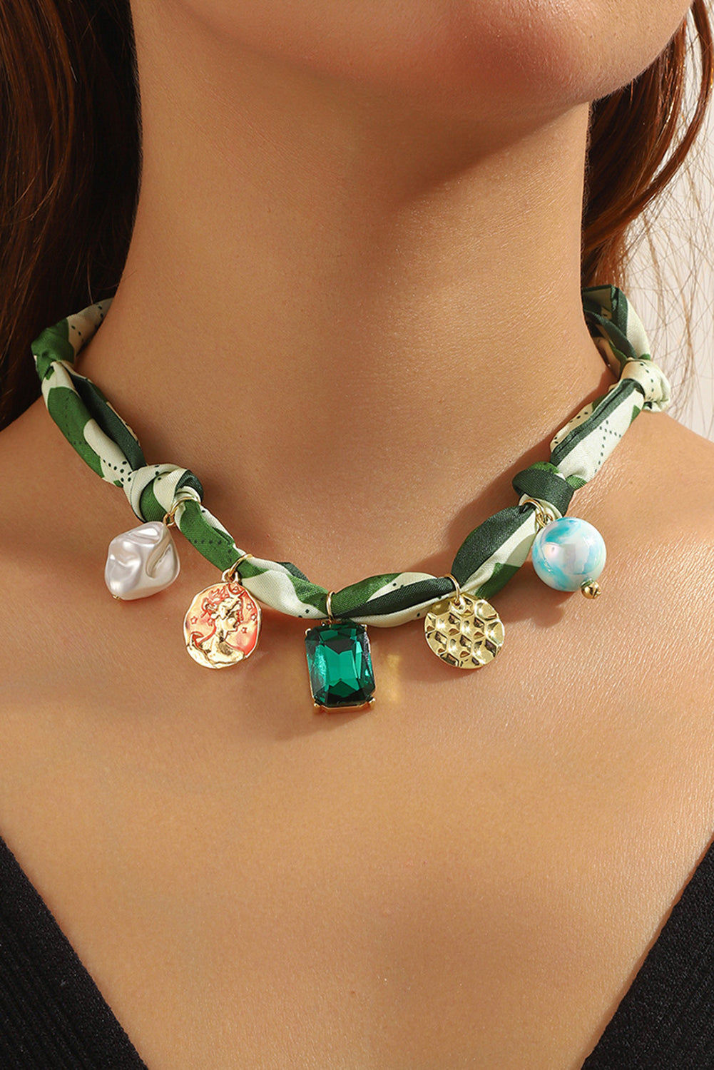 Wholesale green stone leopard pink bow silk scarf necklace SP008