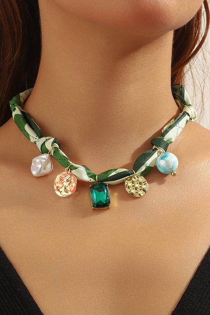 Wholesale green stone leopard pink bow silk scarf necklace SP008
