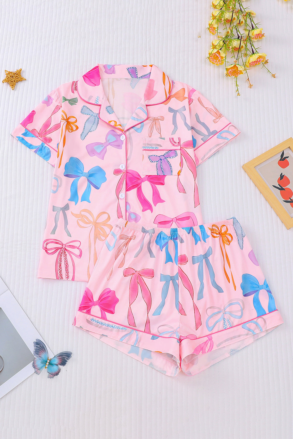 Wholesale Pink White Bow Print Half Sleeve Shirt and Shorts PajamasSet WL007