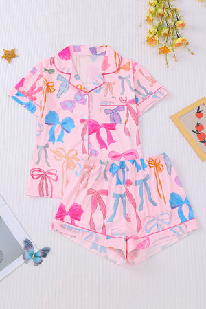 Wholesale Pink White Bow Print Half Sleeve Shirt and Shorts PajamasSet WL007