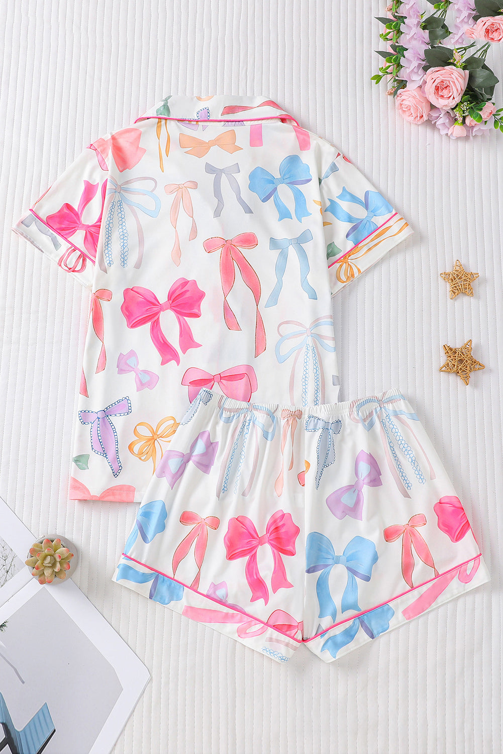Wholesale Pink White Bow Print Half Sleeve Shirt and Shorts PajamasSet WL007