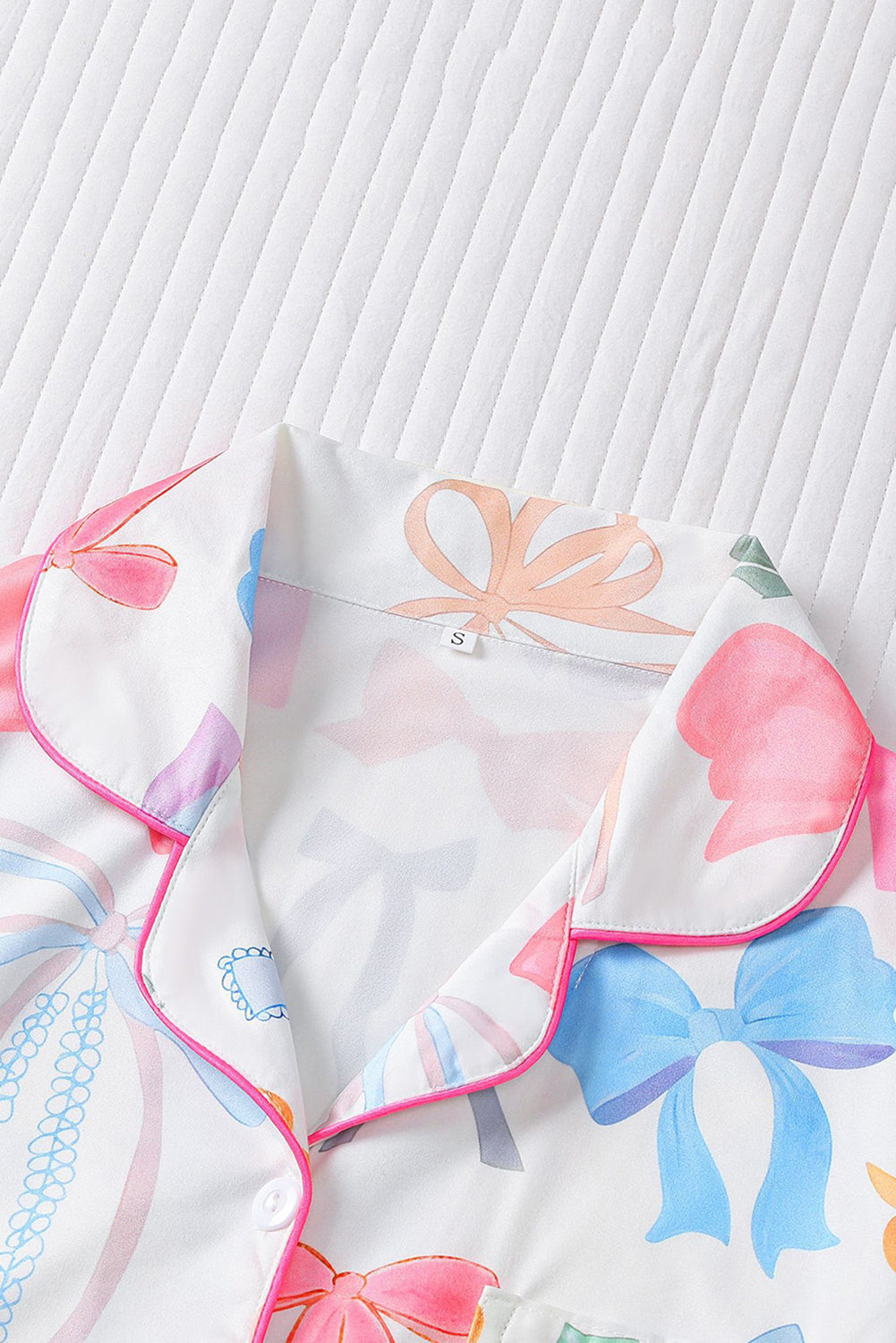 Wholesale Pink White Bow Print Half Sleeve Shirt and Shorts PajamasSet WL007