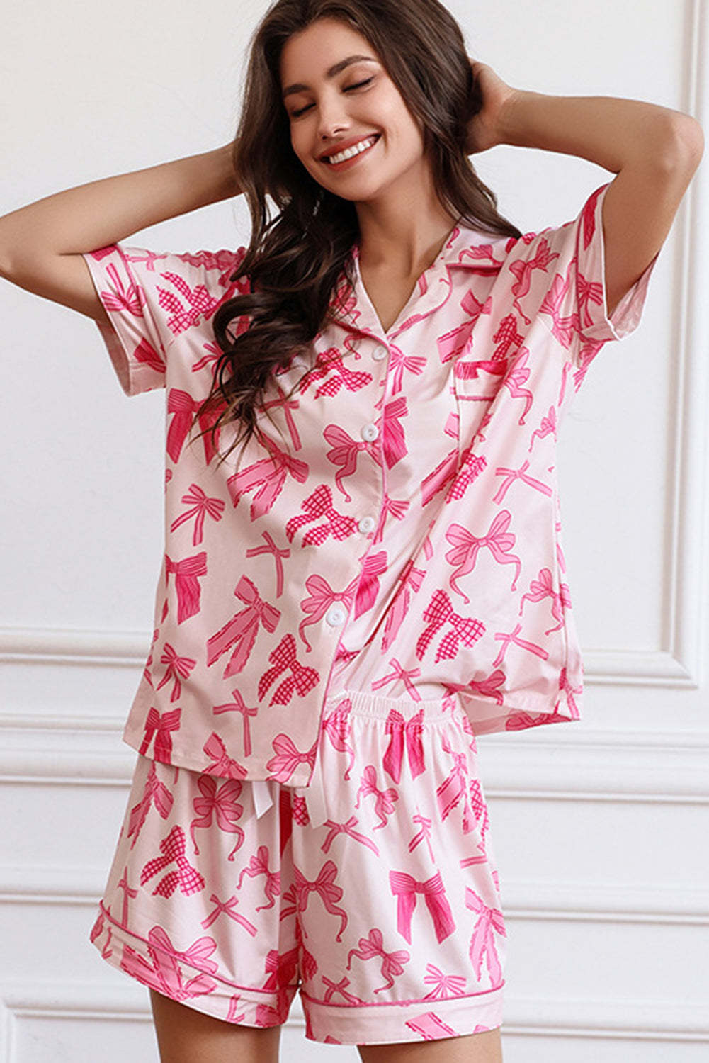 Wholesale Pink Bow Print Half Sleeve Shirt and Shorts PajamasSet WL006