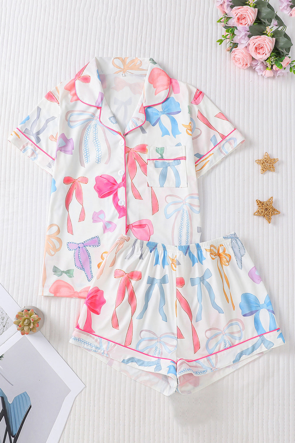 Wholesale Pink White Bow Print Half Sleeve Shirt and Shorts PajamasSet WL007