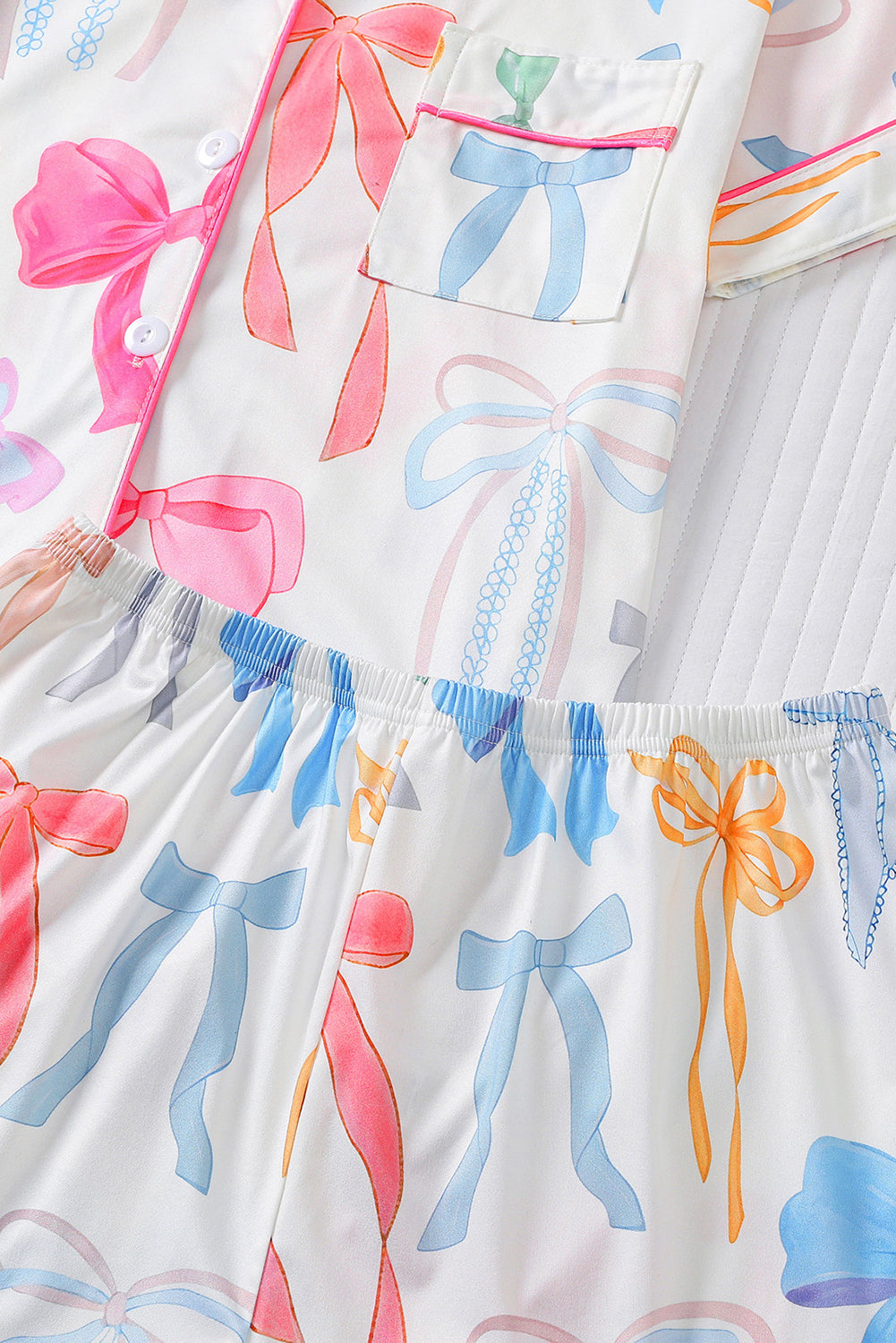 Wholesale Pink White Bow Print Half Sleeve Shirt and Shorts PajamasSet WL007