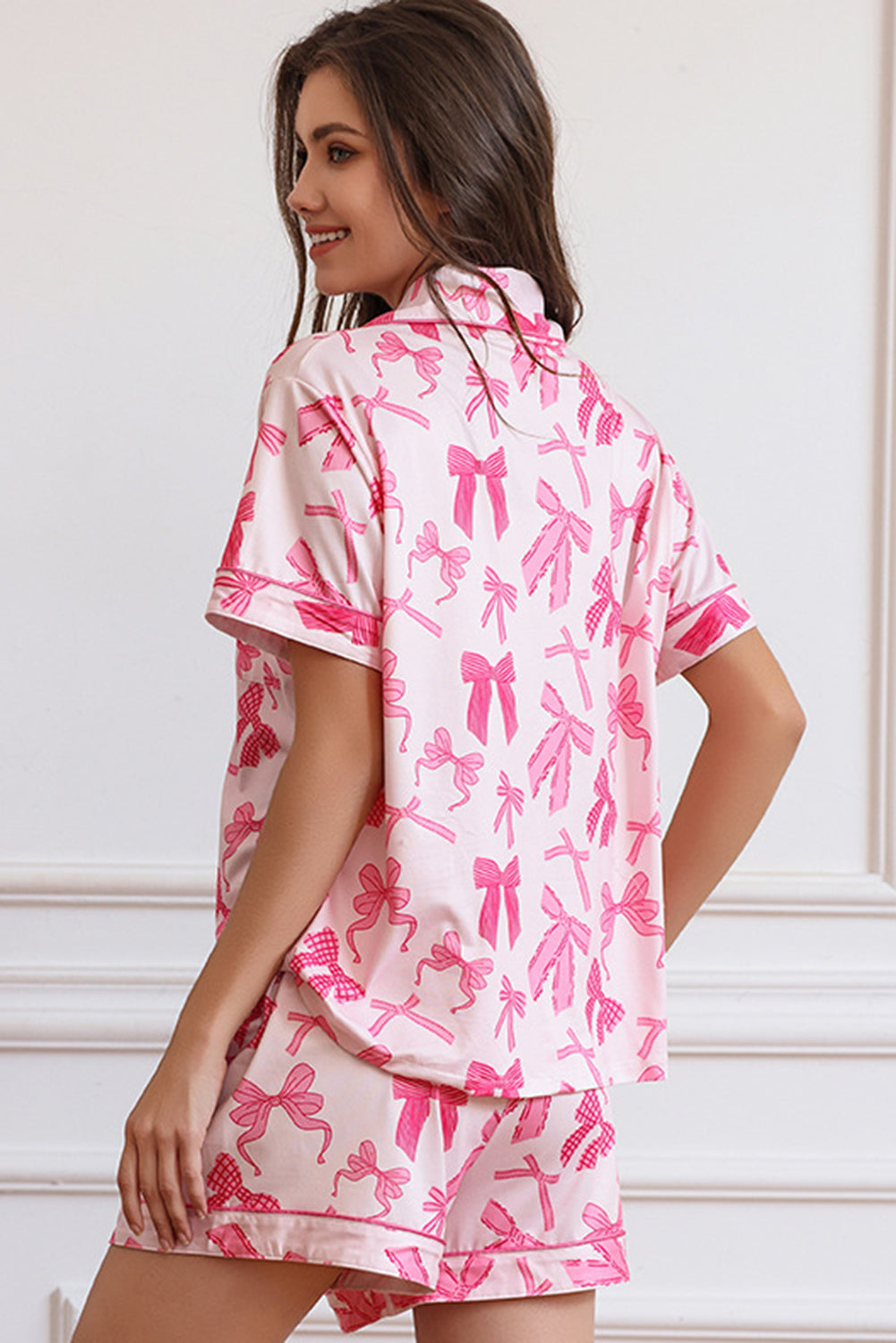 Wholesale Pink Bow Print Half Sleeve Shirt and Shorts PajamasSet WL006